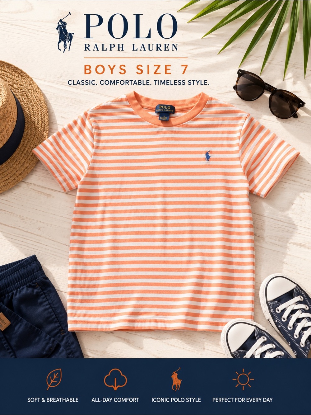 Polo by Ralph Lauren Orange & White Striped Crew Neck Tee